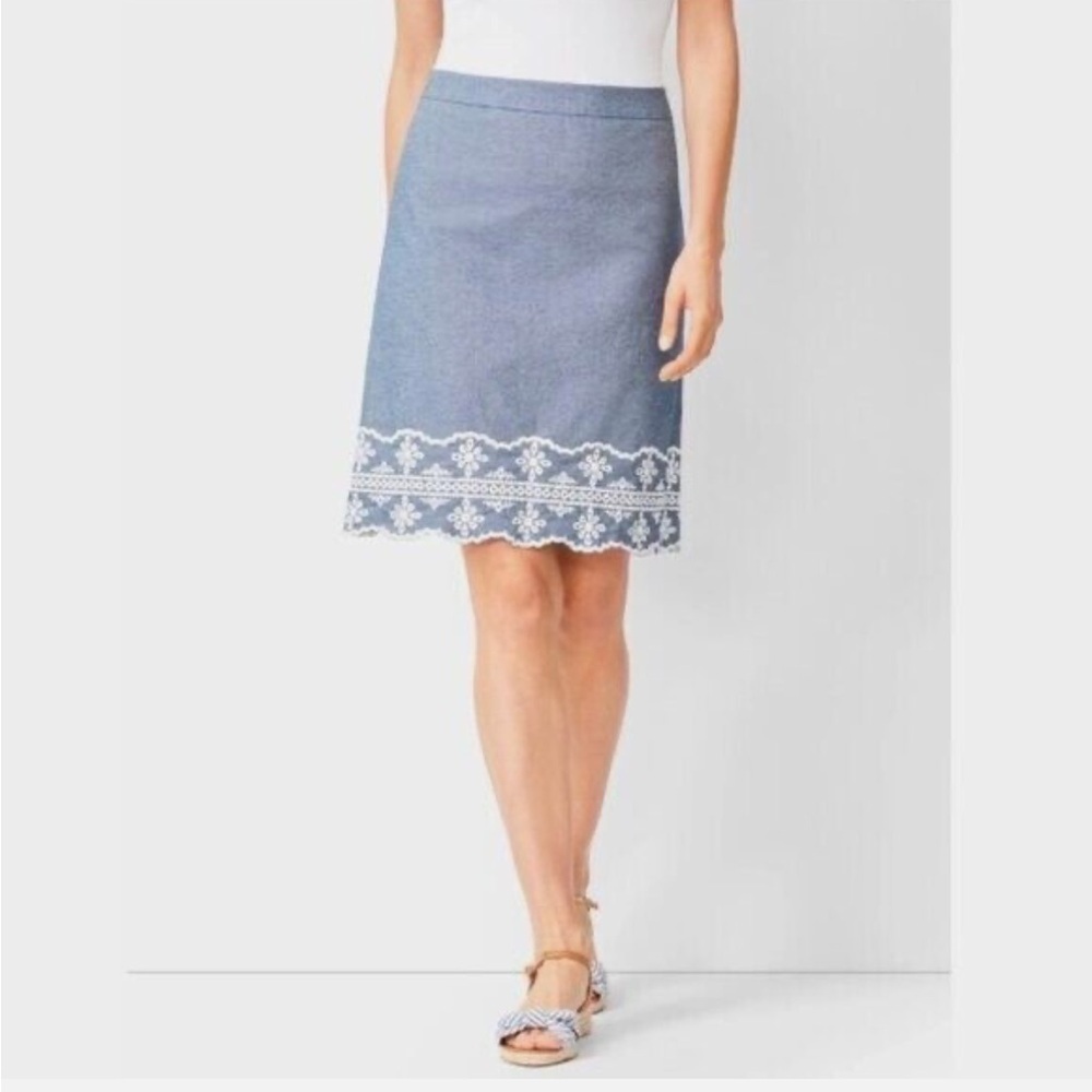 TALBOTS $80 Embroidered Chambray A-Line Skirt Size 4 blue white